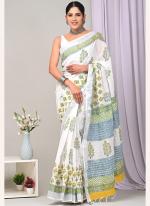 Linen White Casual Wear Printed Saree